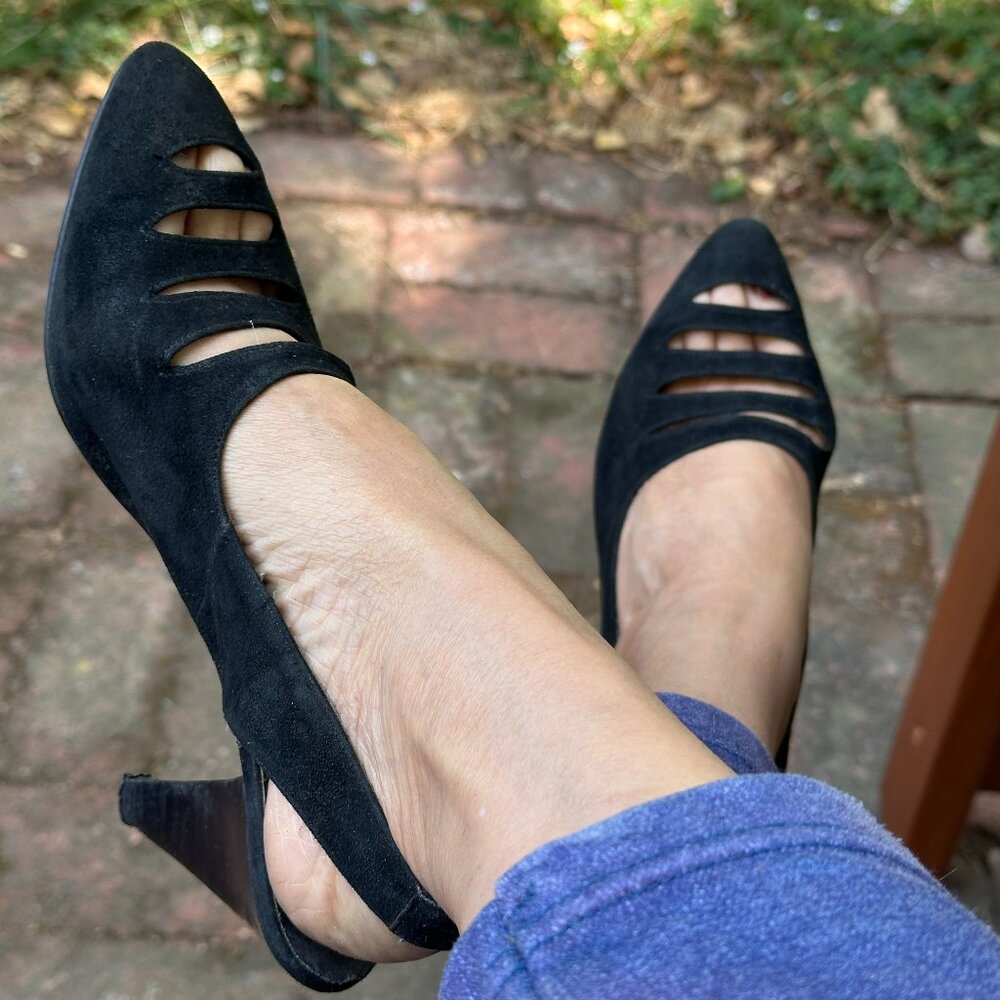 Real black suede sling-back 3" heels with cut-outs  Sz 6